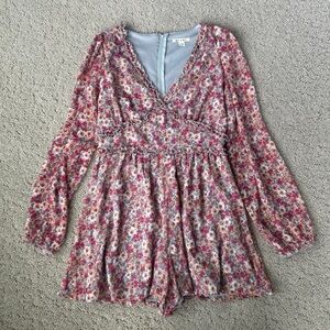 Miami Floral Romper Long Sleeve Jumper Bohemian Cottagecore Prairie Pink SM EUC
